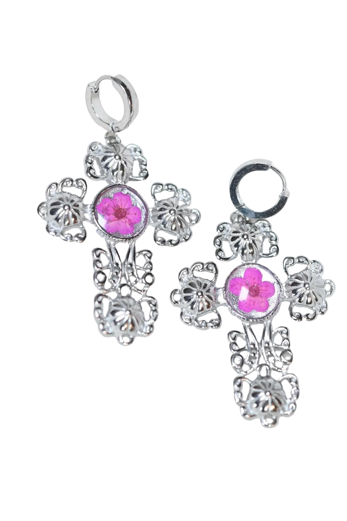Silver Blossom Cross Hoops